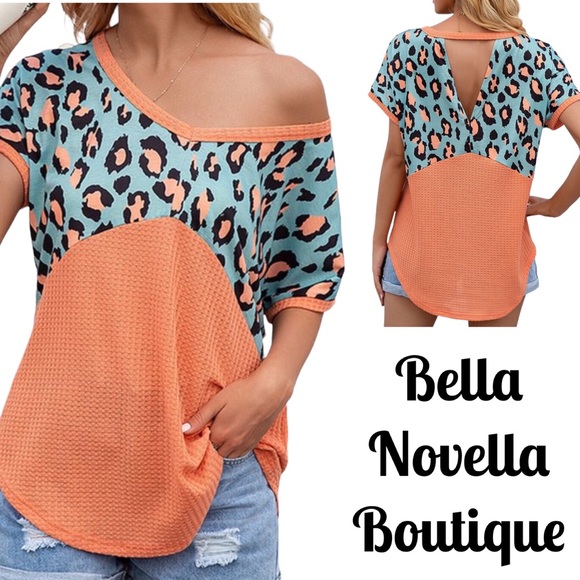Waffle Knit Cut Out Top orange & Turquoise Leopard print NEW - Picture 1 of 5